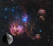 Wipsy pink clouds pop out of a dark background. The brightest and largest cloud, labelled IC 2948, is offset from centre to the lower left. A cloud ridge, labelled IC 2944, cuts vertically through the centre of the frame, with a bright blue-white spot in the middle labelled Lambda Cen. To the right of the image are three smaller clouds labelled, from the top, Gum 39, Gum 40 and Gum 41. Dotted across the image are blue, orange and white points of varying size and brightness. In the lower left corner is a picture of the full Moon, representing the scale of the image in the real night sky. The Moon has a diameter approximately one fifth the length of each side.