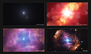 Four images are displayed, the first three being artist's impressions and the final being the real image. The first shows two bright stars close together in the centre of the image, with a third, redder star a larger distance away. The second image shows a central burst of bright white light in the place of the two close stars, surrounded by red- and yellow-coloured emissions that hide the redder star. In the third image, the central burst is dimmer and smaller, and the other star is once again visible. The final, real image shows a circular nebula that is reddish on the outside and pinker in the middle on a backdrop of stars. One star in the middle of the image is particularly bright.