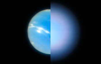 Neptunus, gefotografeerd in de Narrow Field Mode van het MUSE-instrument van de VLT, met en zonder adaptieve optiek
