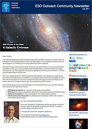Screenshot of the ESO Outreach Community Newsletter