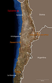 Localização do epicentro do sismo que ocorreu a 1 de abril de 2014 no Chile