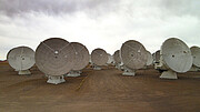 The sky is grey and cloudy overhead, giving this image a slightly ominous feel. The picture is taken right in front of the large, white circular dishes of ALMA, with more than 10 of the antennas in the frame. All the antennas are facing in slightly different directions like a crowd of confused people. The antennas stand upon the brown, almost featureless dirt of the Chajnantor plateau.