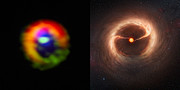 Comparación de las observaciones de  ALMA con una impresión artística del disco y los chorros de gas en torno a HD 142527