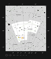 De bolvormige sterrenhoop 47 Tucanae in het sterrenbeeld Toekan