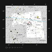 This chart shows the position of HL Tauri in the constellation Taurus (The Bull). The map shows most of the stars visible to the unaided eye under good conditions.