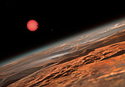 Artist’s impression van de ultrakoele dwergster TRAPPIST-1, gezien vanuit de omgeving van een van zijn planeten