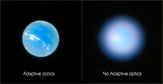 Neptun fotograferet med VLT med og uden adaptiv optik