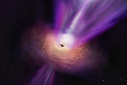 Imagem artística do buraco negro da galáxia M87 e do seu jato poderoso