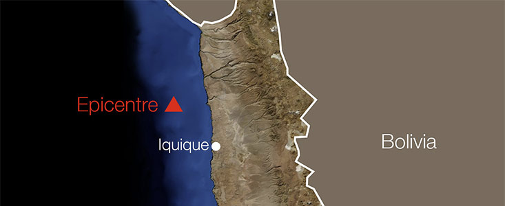 Die Lage des Epizentrums vom Erdbeben am 1. April 2014 in Chile
