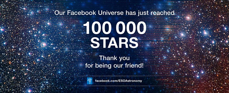 A página do Facebook do ESO dá as boas vindas ao seu 100 000º amigo