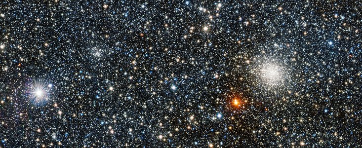 Imagen de VISTA del recién descubierto cúmulo globular VVV CL001 y su brillante compañero