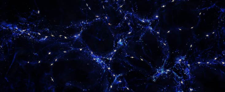 Rappresentazione artistica dello strano allineamento degli assi di rotazione dei quasar