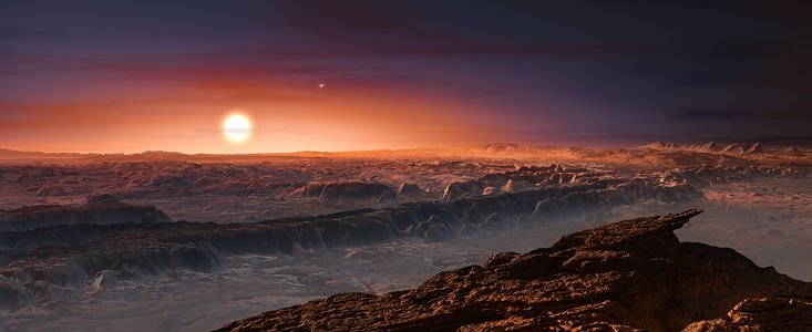 Taiteilijan näkemys Proxima Centauria kiertävästä planeetasta