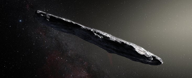 Vue d’artiste de l’astéroïde interstellaire `Oumuamua