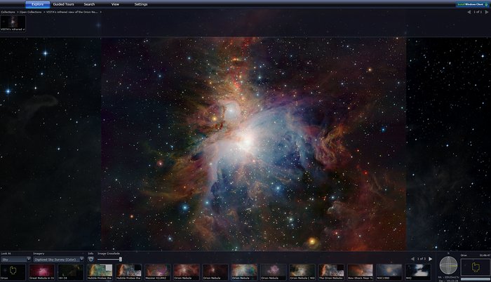 Captura de ecrã de uma imagem do ESO da nebulosa de Orion mostrada no WWT do Windows
