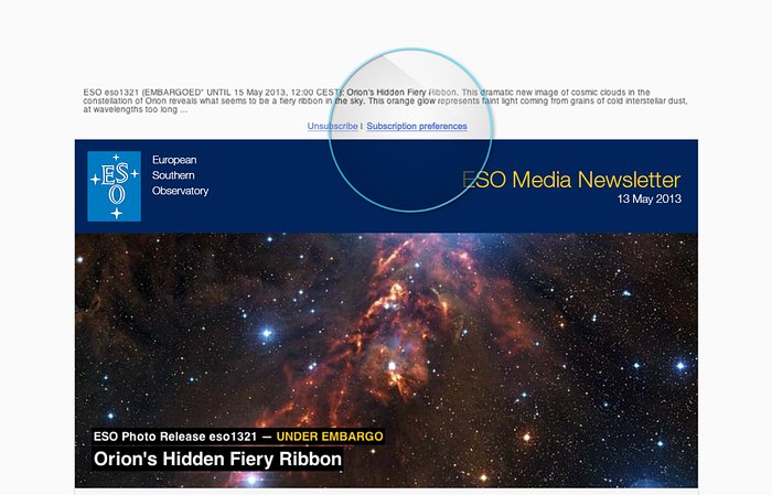 Fotografia do ecrã do Boletim de Notícias para os Media do ESO, visto tal como é recebido por email