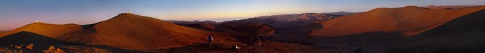 Panoramic view of the desert around the Paranal Observatory at sunset.