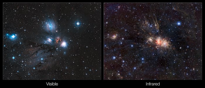 Comparación de visiones en infrarrojo y luz visible de la maternidad estelar en Monoceros