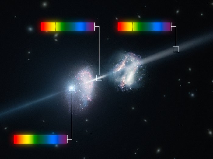 Impresión artística de un estallido de rayos gamma brillando a través de dos galaxias jóvenes en el Universo temprano