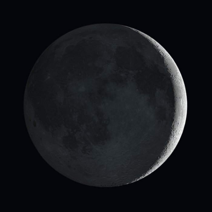 Impresión artística de la Luna mostrando el brillo de la Tierra