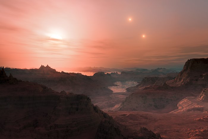 Taiteilijan näkemys auringonlaskusta Gliese 667 Cc -nimisellä supermaapallolla