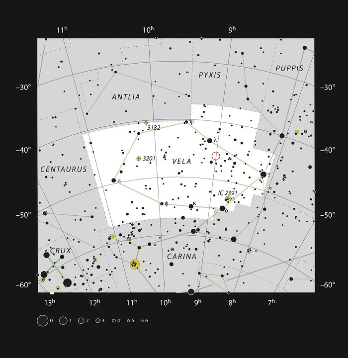 Blyant-tågen i det sydlige stjernebillede Vela (Sejlet)