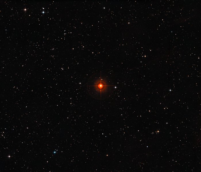 Vista de campo largo do céu em torno da estrela gigante vermelha R Sculptoris