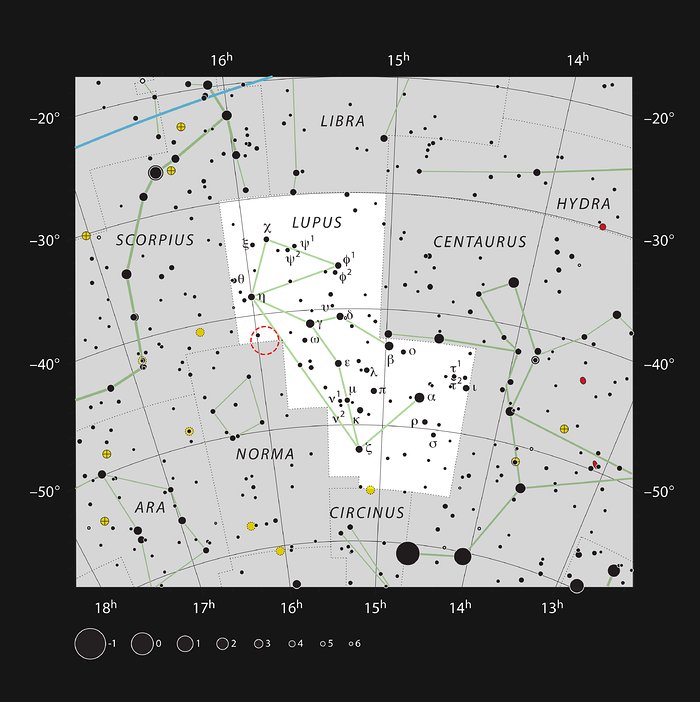 Localização da estrela jovem HD 142527 na constelação do Lobo