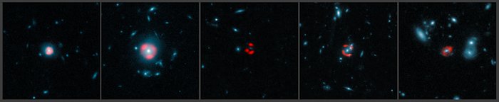 Snímky vzdálených galaxií zobrazených gravitační čočkou pořízené dalekohledem ALMA