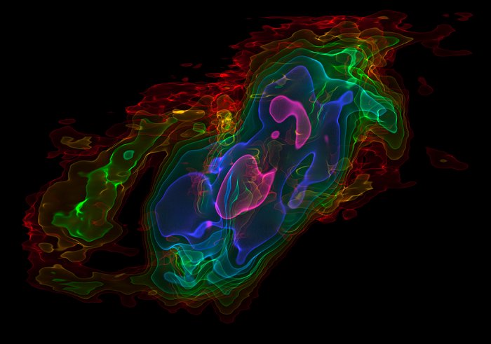 Représentation tri-dimensionnelle des observations d'ALMA des jets de gaz issus de NGC 253