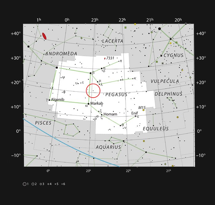 A estrela 51 Pegasi na constelação do Pégaso
