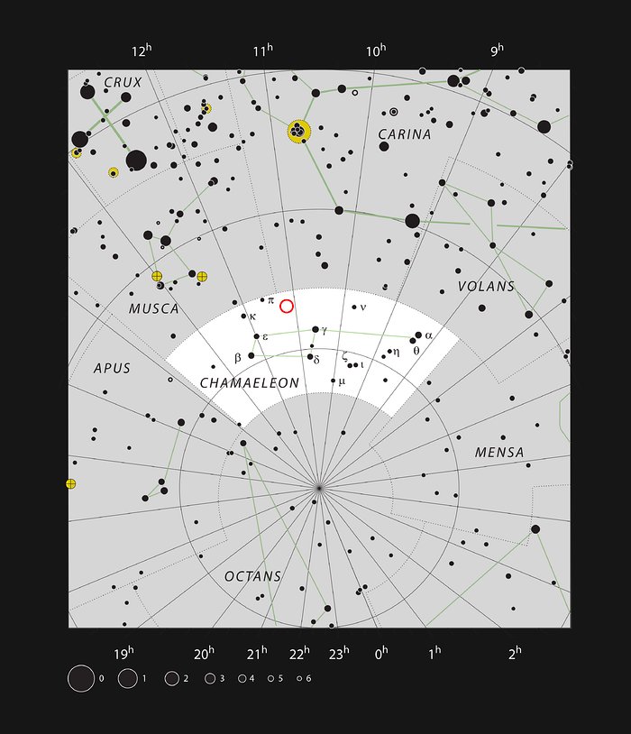 A localização da nebulosa de reflexão IC 2631 na constelação do Camaleão