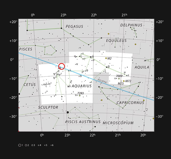 A estrela anã muito fria TRAPPIST-1 na constelação do Aquário