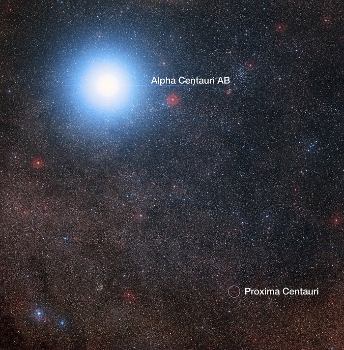 Himlen omkring Alpha Centauri og Proxima Centauri (med tekst)