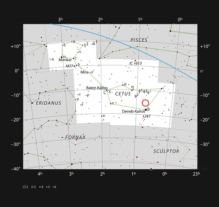 Localisation de la naine rouge LHS 1140 au sein de la constellation de la Baleine (Le Monstre de la Mer)