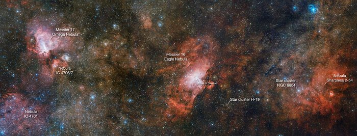 VST fångar tre kosmiska moln i ny jättebild (med anteckningar)