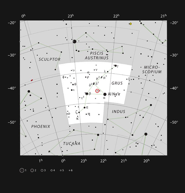 A estrela gigante vermelha π1 Gruis na constelação do Grou