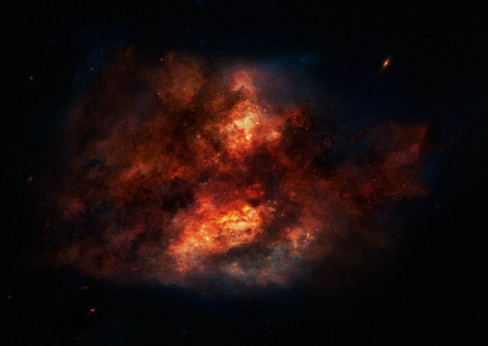 Imagem artística de uma galáxia poeirenta com formação estelar explosiva