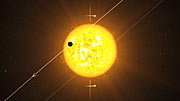 Impresión artística de un exoplaneta WASP 8b en una órbita retrógrada