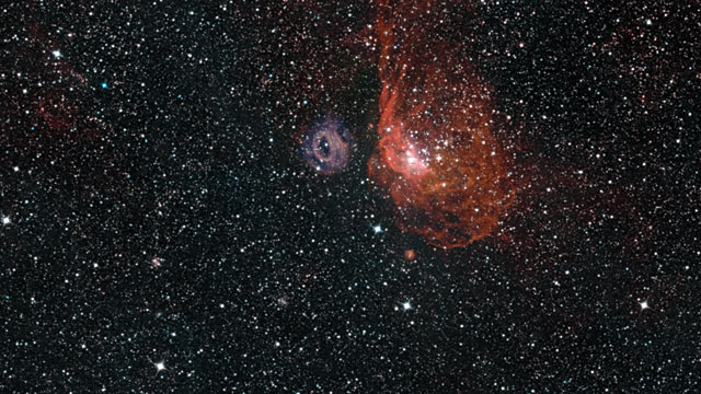 Vista de pormenor das brilhantes nuvens de gás NGC 2014 e NGC 2020