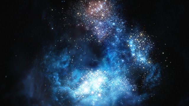 Artist’s impression van CR7: het helderste sterrenstelsel in het vroege heelal