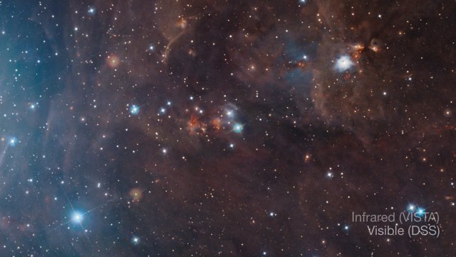Comparação de imagens visíveis/infravermelhas da nuvem molecular Orion A
