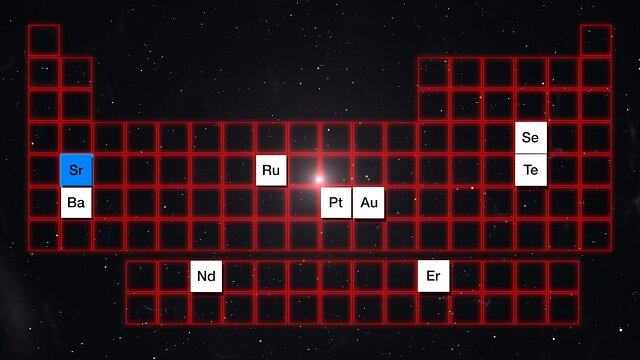 Animace kolize neutronových hvězd a vzniku chemických prvků