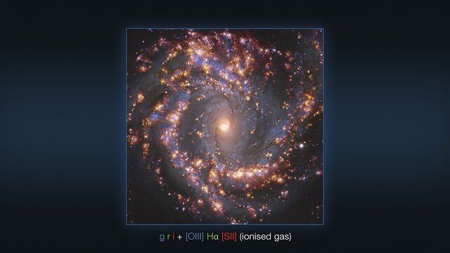 Múltiples vistas de la galaxia NGC 4303, observada con el VLT y con ALMA (con anotaciones)