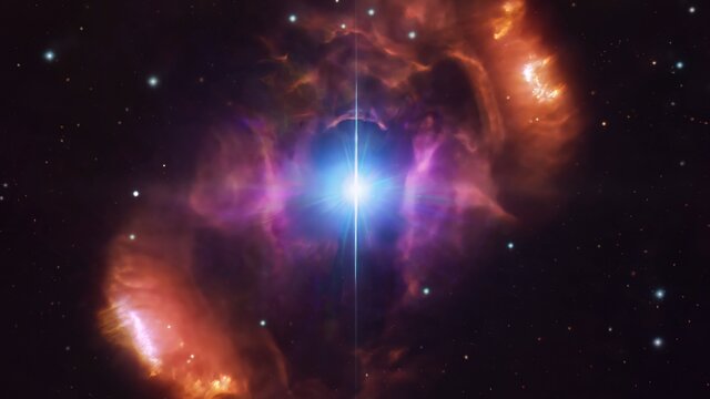 3D-Ansicht des Nebels NGC 6164/6165, der das Sternpaar HD 148937 umgibt