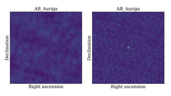 Two panels showing an images of the raw data (blank image) and an image including the calibration step (a point source)