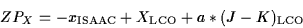 \begin{displaymath}ZP_X = - x_{\rm ISAAC} + X_{\rm LCO} + a * (J-K)_{\rm LCO}\end{displaymath}