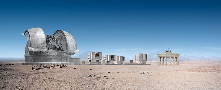 E-ELT and VLT sizes compared with Brandenburger Tor.