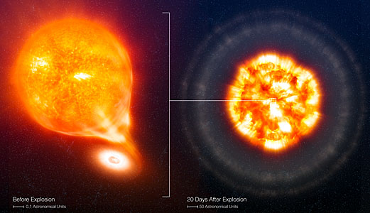 SN 2006X, before and after the Type Ia Supernova explosion (artist's impression)