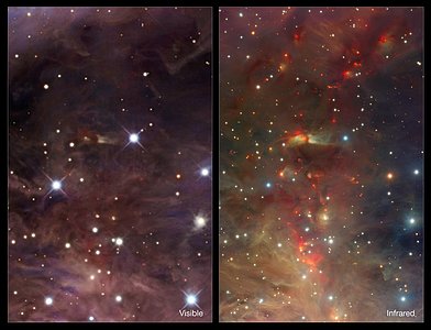 Infrared/visible comparison of an extract from the VISTA Orion Nebula image